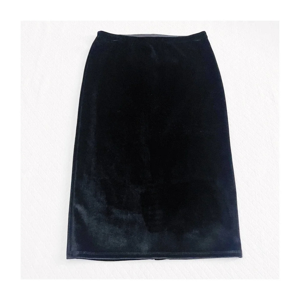 Leith Black Velvet Stretchy Pencil Skirt Backslit SZM